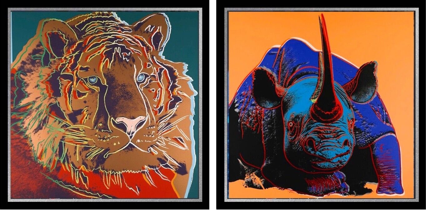 Full sized Andy WARHOL -"TIGER & RHINO"- 2 Silkscreens (Screenprints) Endang. Species. Flat Ship- Best Quality -Beautiful Pair!
